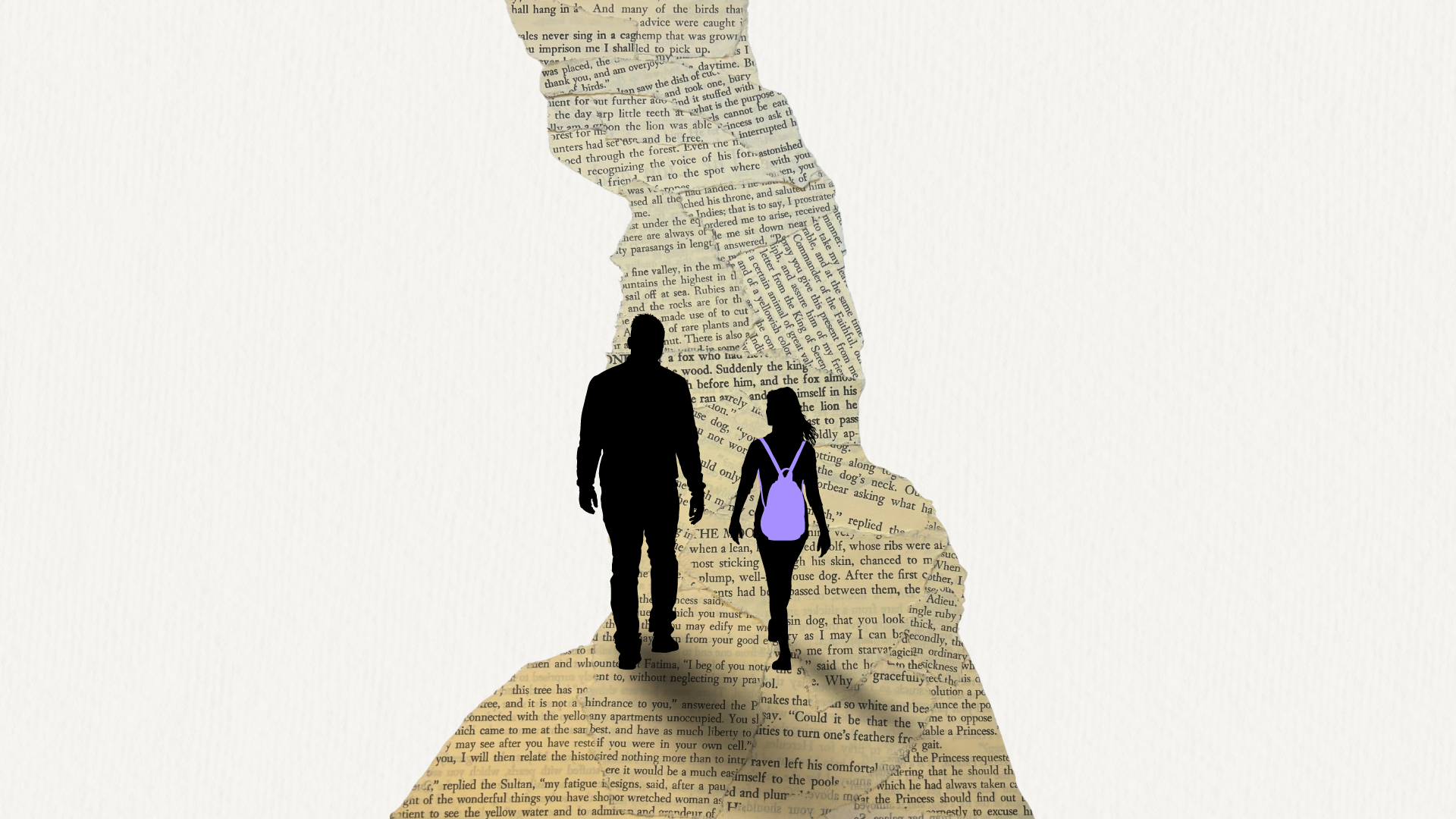 A path made of the torn pages of a book, with two shadows walking together; a larger and taller man and a smaller women with a purple backpack.